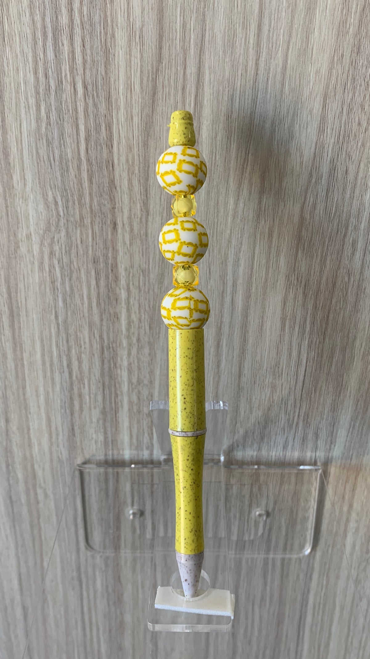 Handmade Gold Geometric Beaded Pen - Lemon Yellow & White