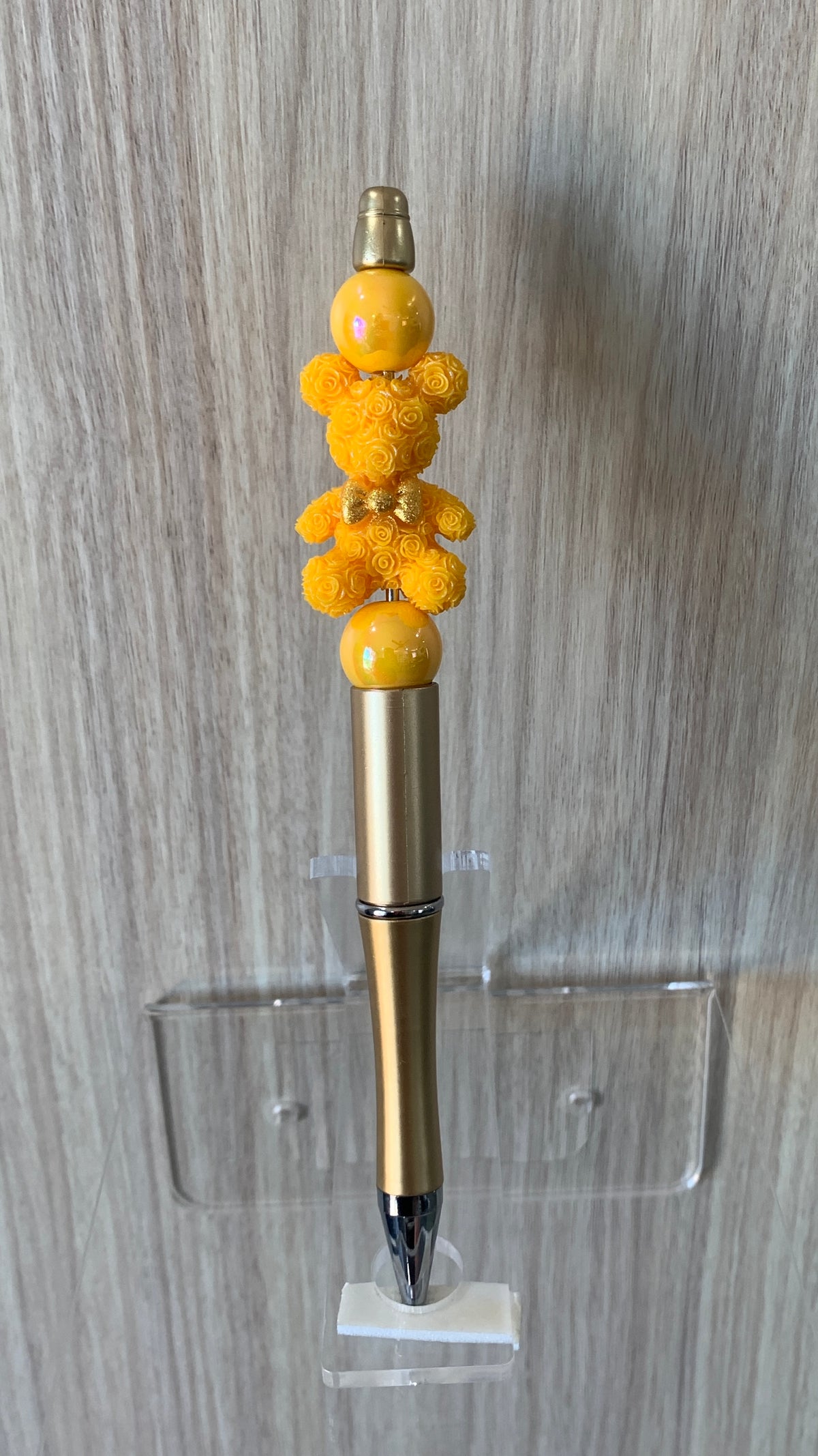 Handmade Orange Fluffy Pom Pom Cluster Beaded Pen - Gold