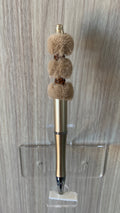 Handmade Cream Fluffy Pom Pom Beaded Pen - Silver & Amber