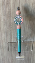 Beaded Pen - Teal Clear Floral Donut Ring Bead Fluffy Pink Pom Pom Pink Ribbed Bead