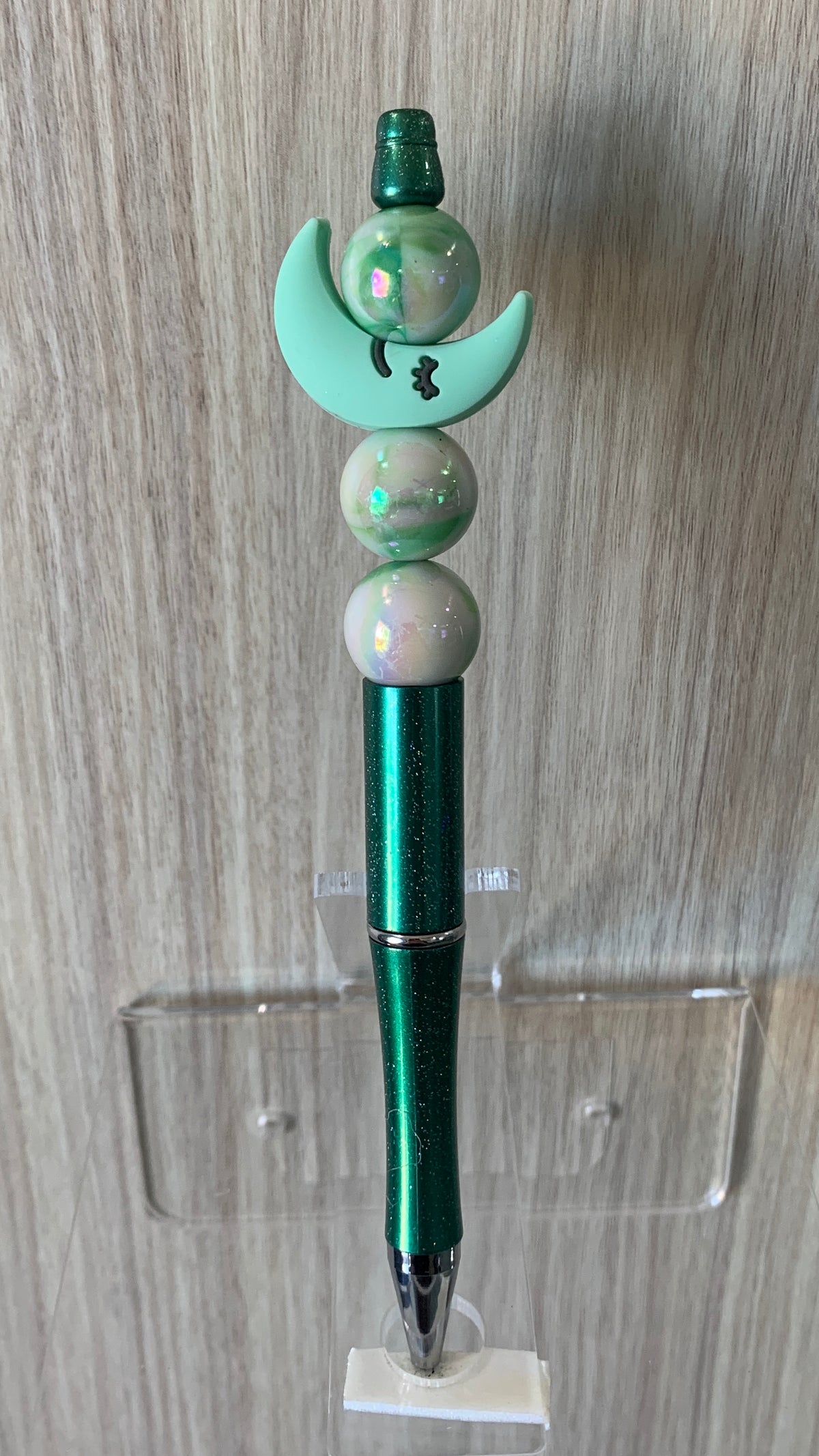 Handmade Crescent Moon & Pearl Beaded Pen - Emerald Green