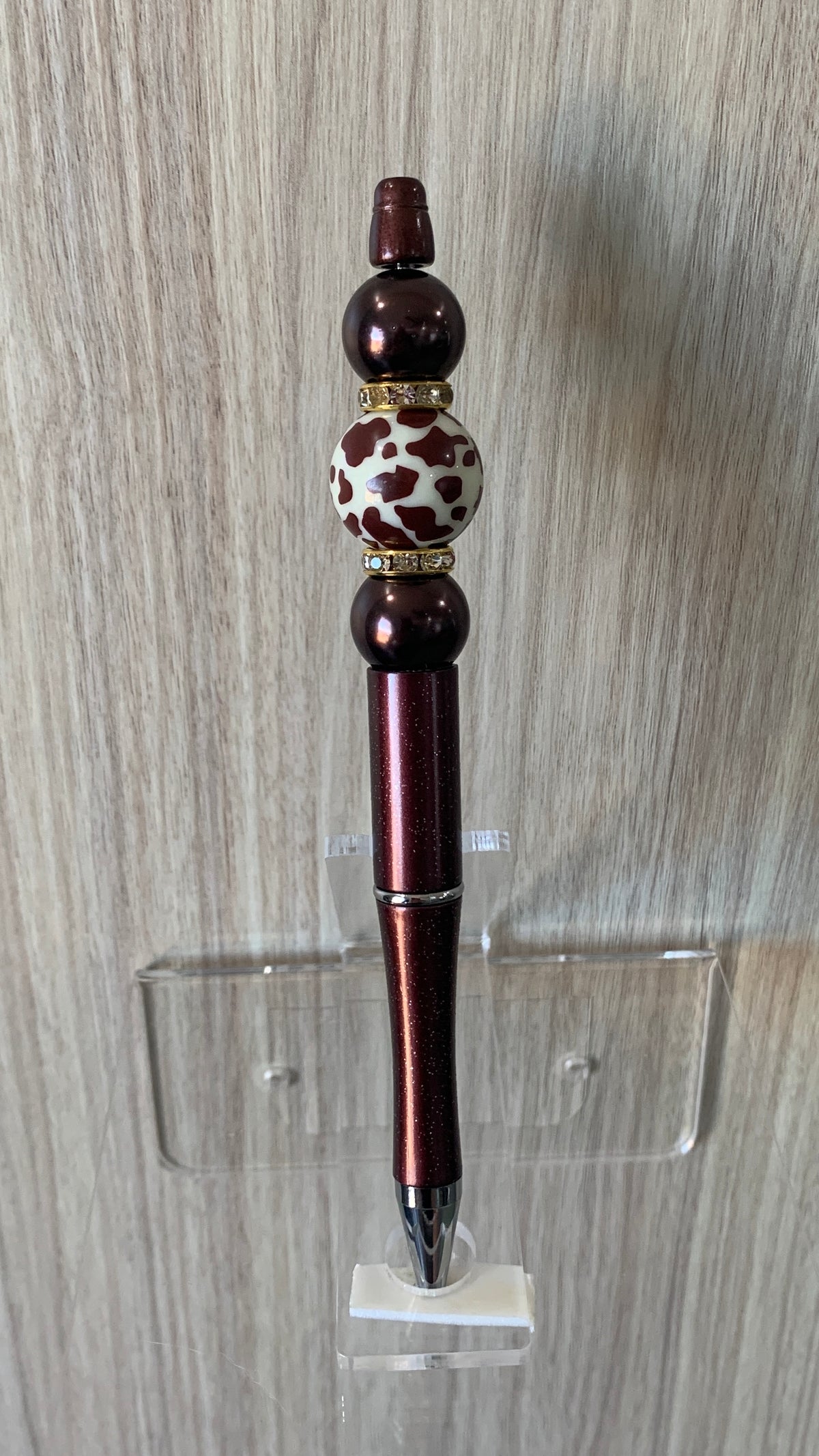 Handmade Cow Print Beaded Pen - Chocolate Brown & Gold