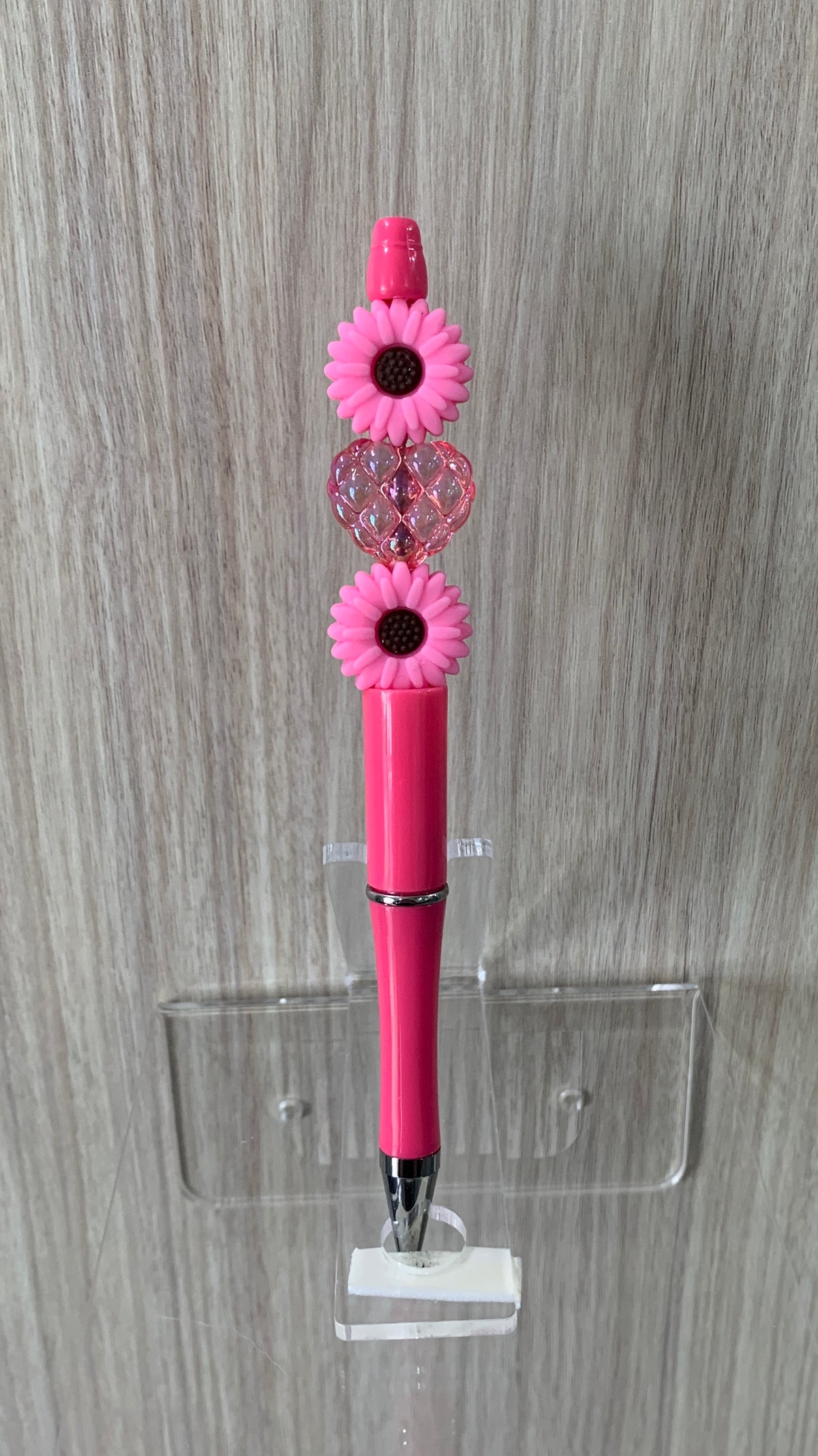 Handmade Daisy & Quilted Heart Beaded Pen - Coral Pink