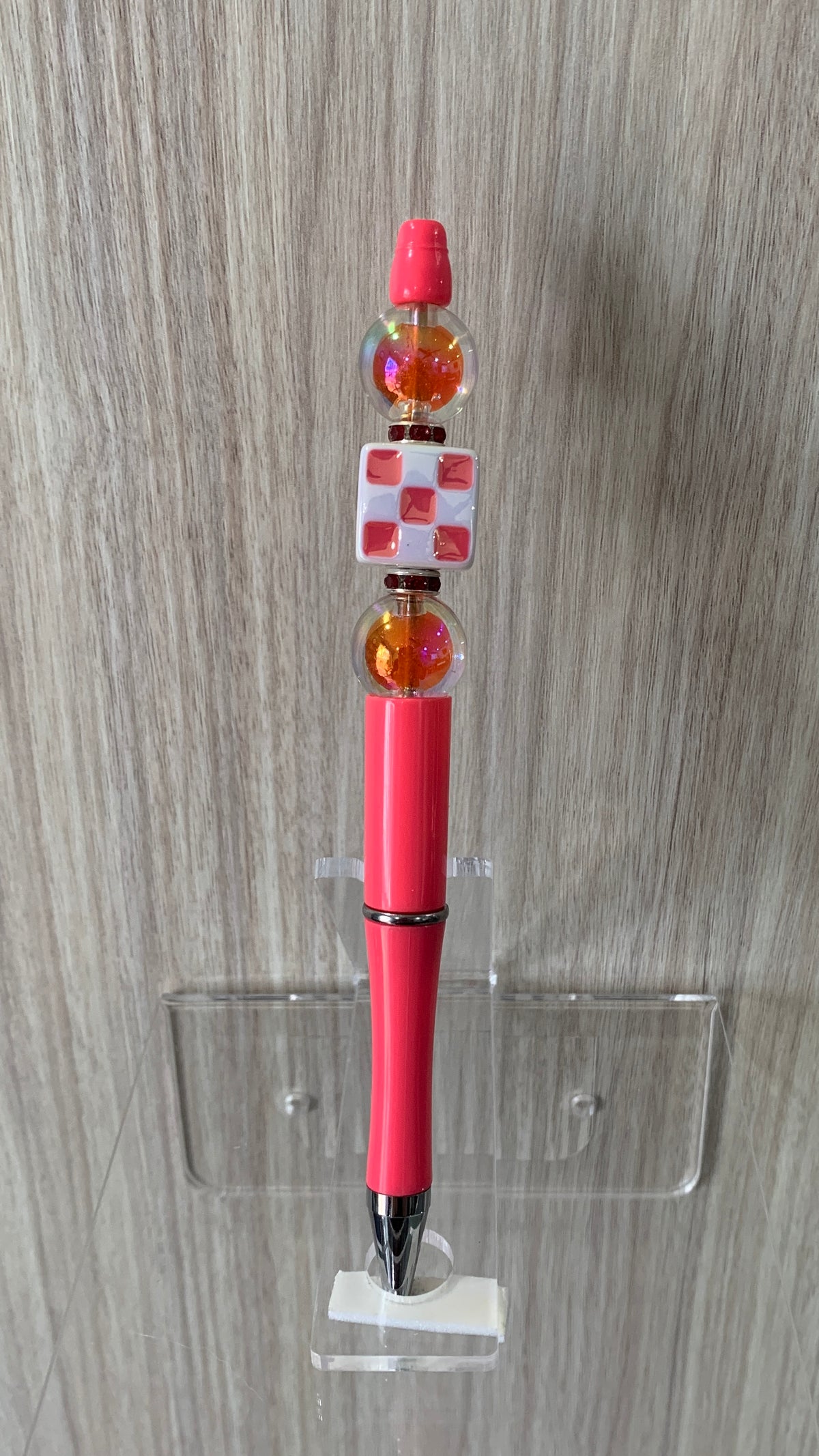 Handmade Checkerboard & Iridescent Beaded Pen - Coral Red