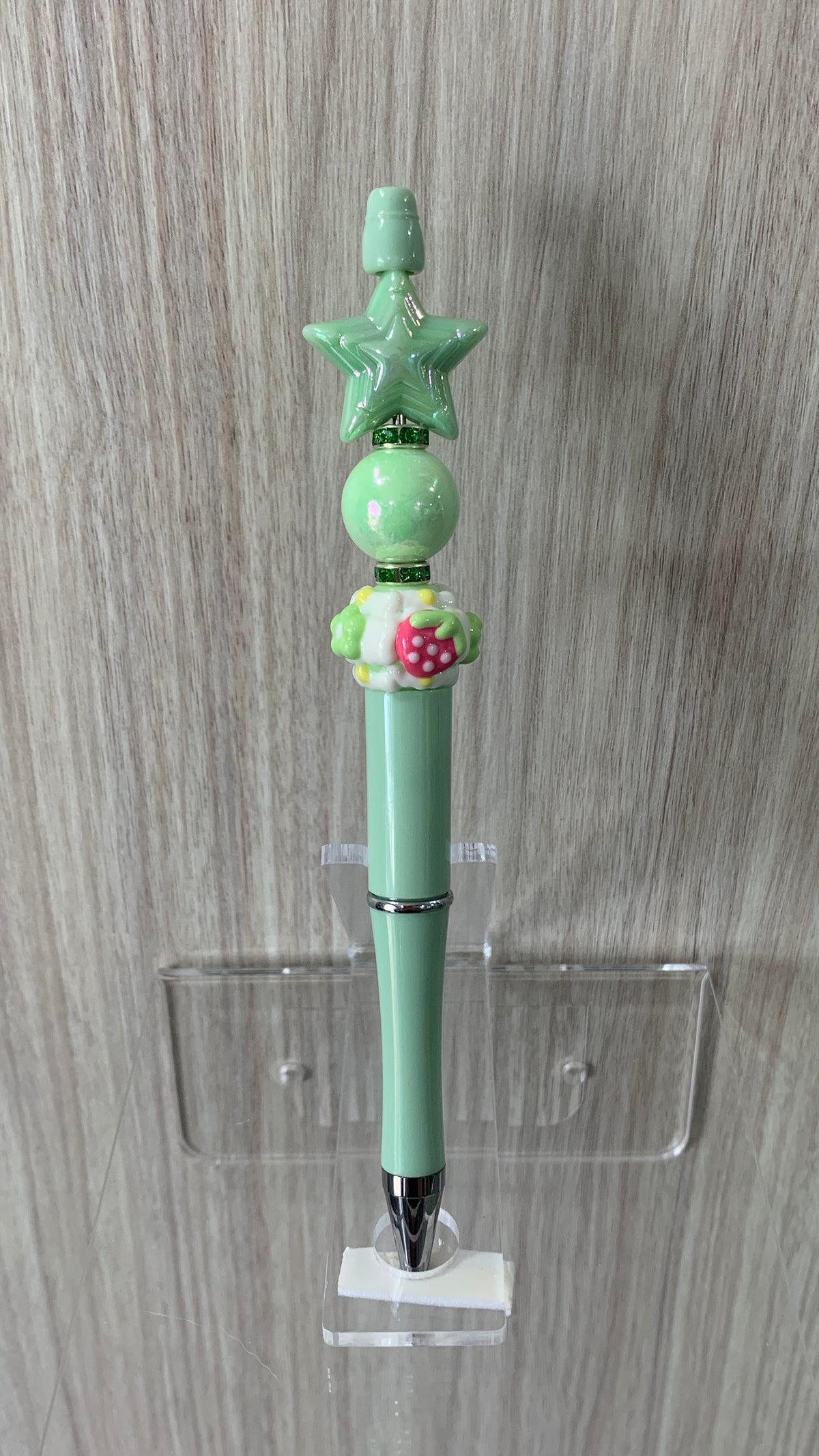 Handmade Star & Strawberry Beaded Pen - Sage Green