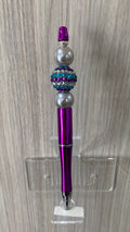 Handmade Striped Rhinestone & Pearl Beaded Pen - Magenta & Teal
