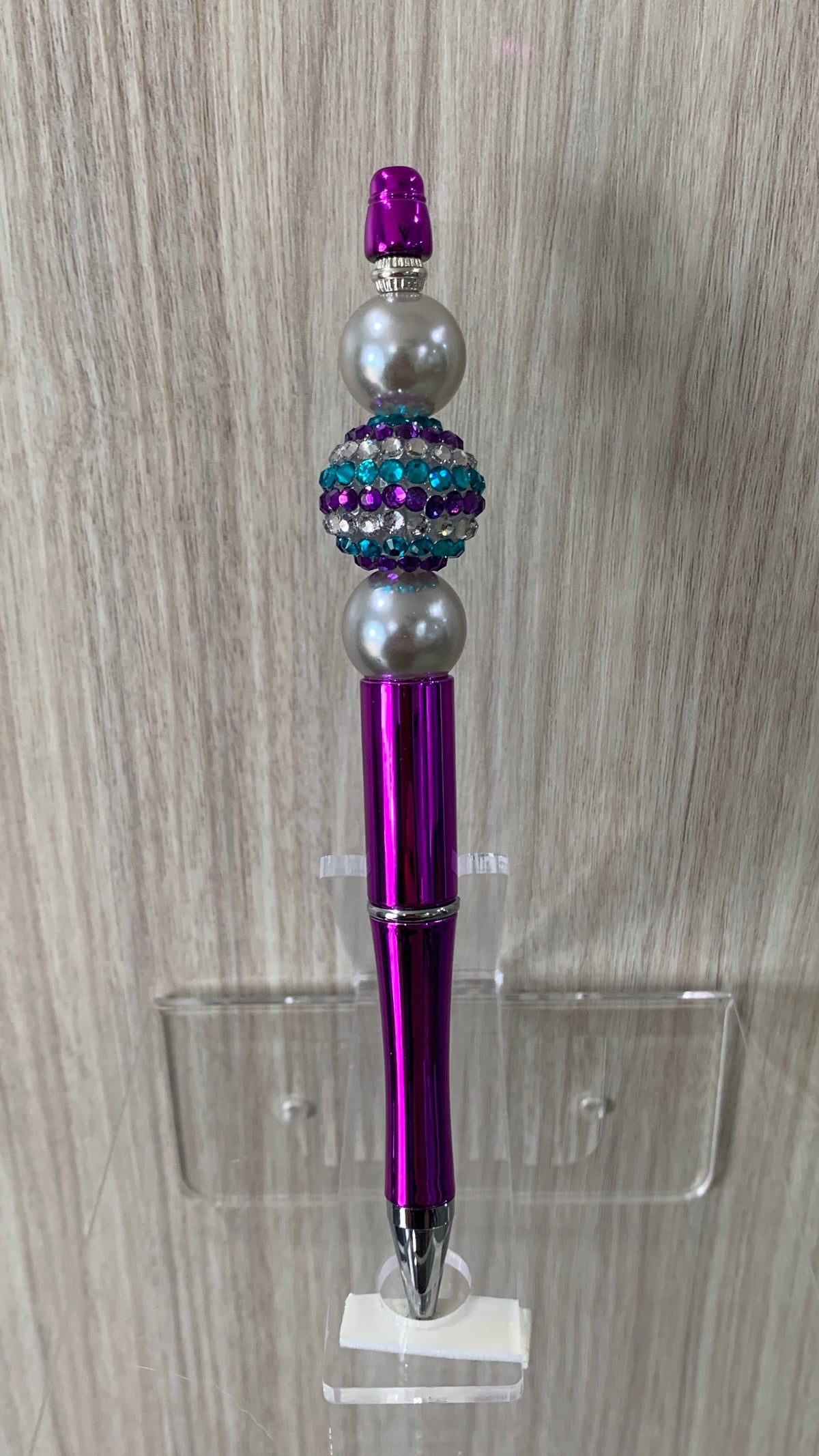 Handmade Striped Rhinestone & Pearl Beaded Pen - Magenta & Teal