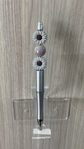 Handmade Daisy & Iridescent Pearl Beaded Pen - Silver & White