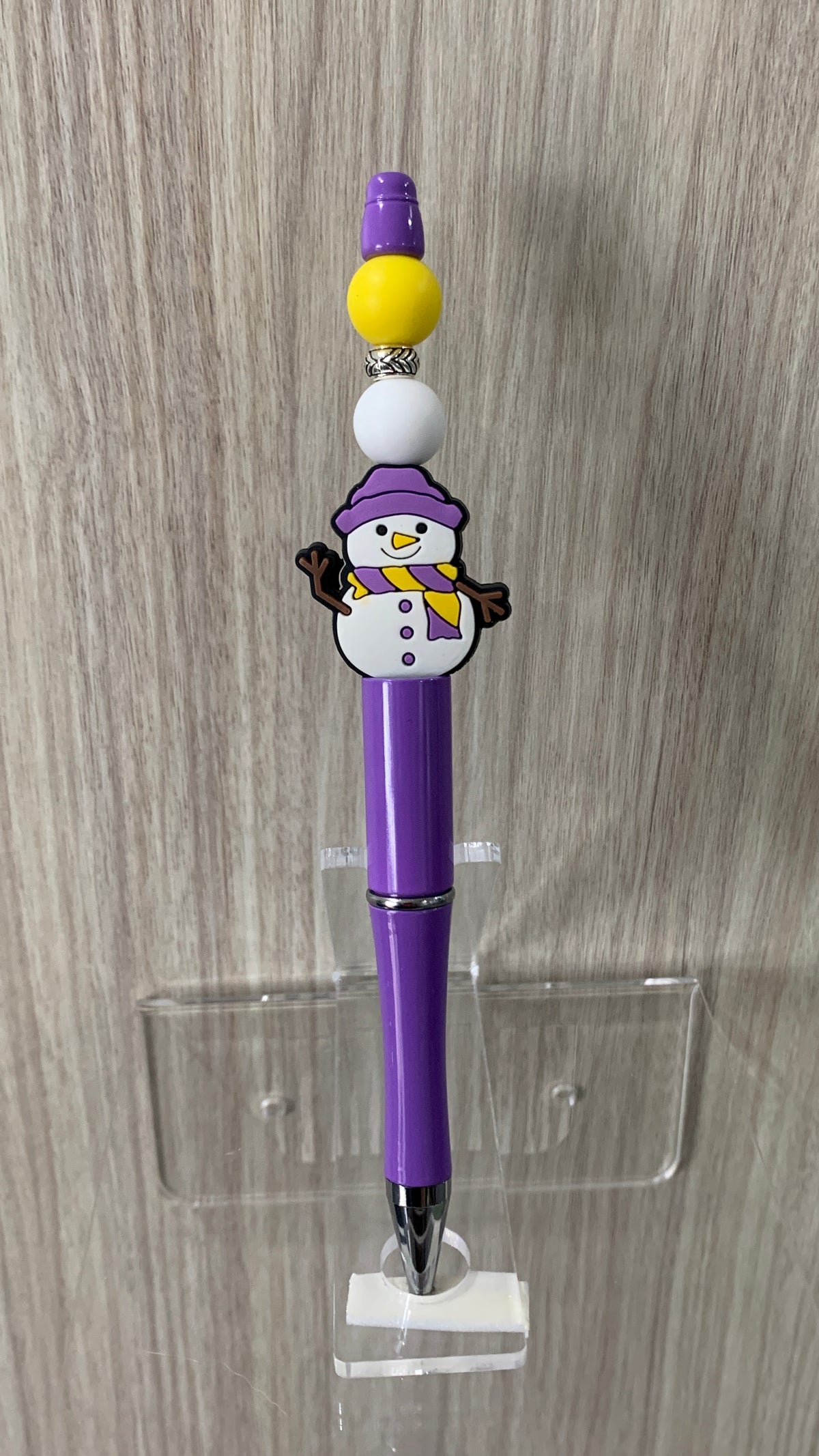 Handmade Christmas Snowman Beaded Pen - Purple & Yellow
