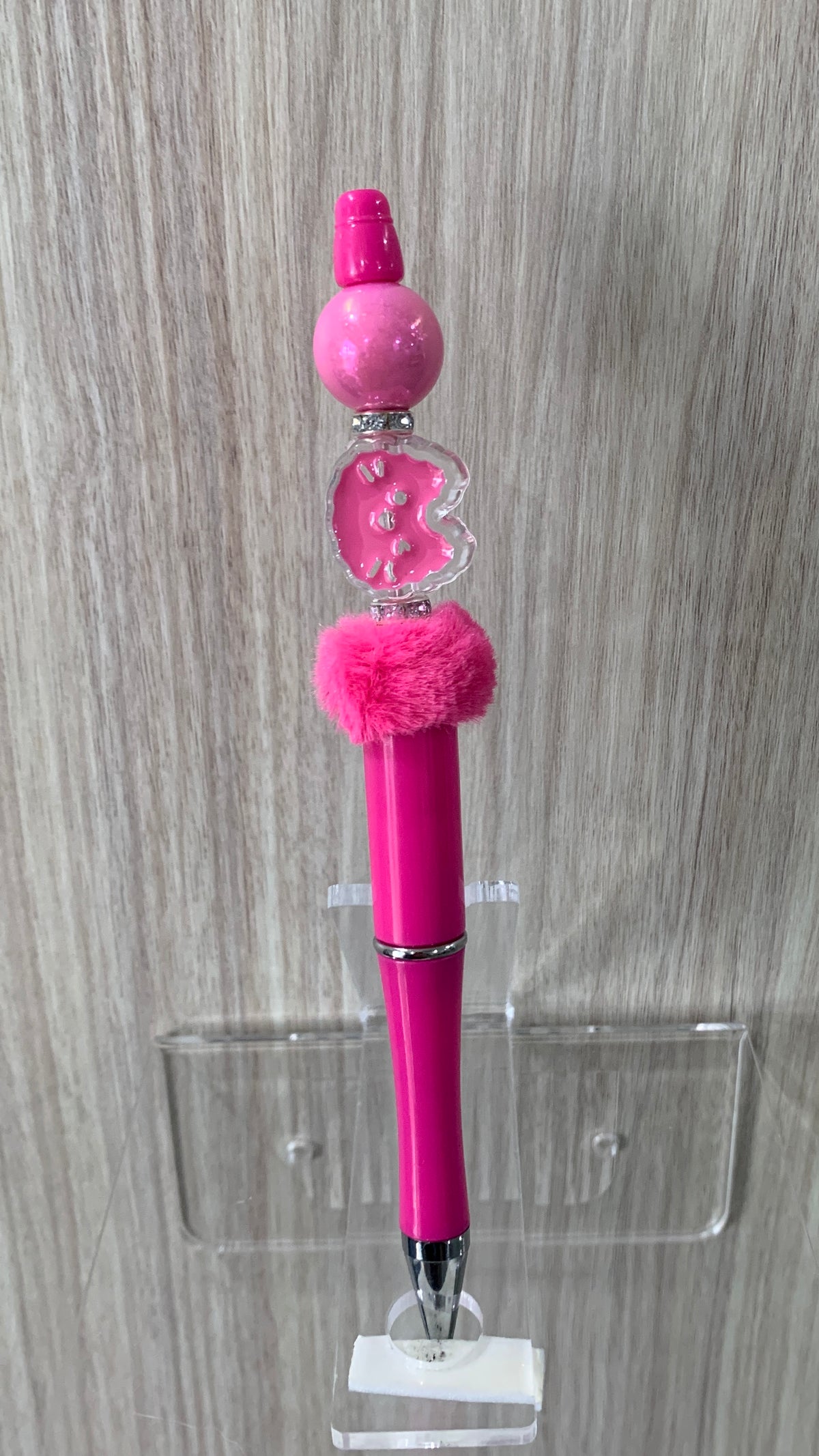 Handmade Bear & Pom Pom Beaded Pen - Hot Pink