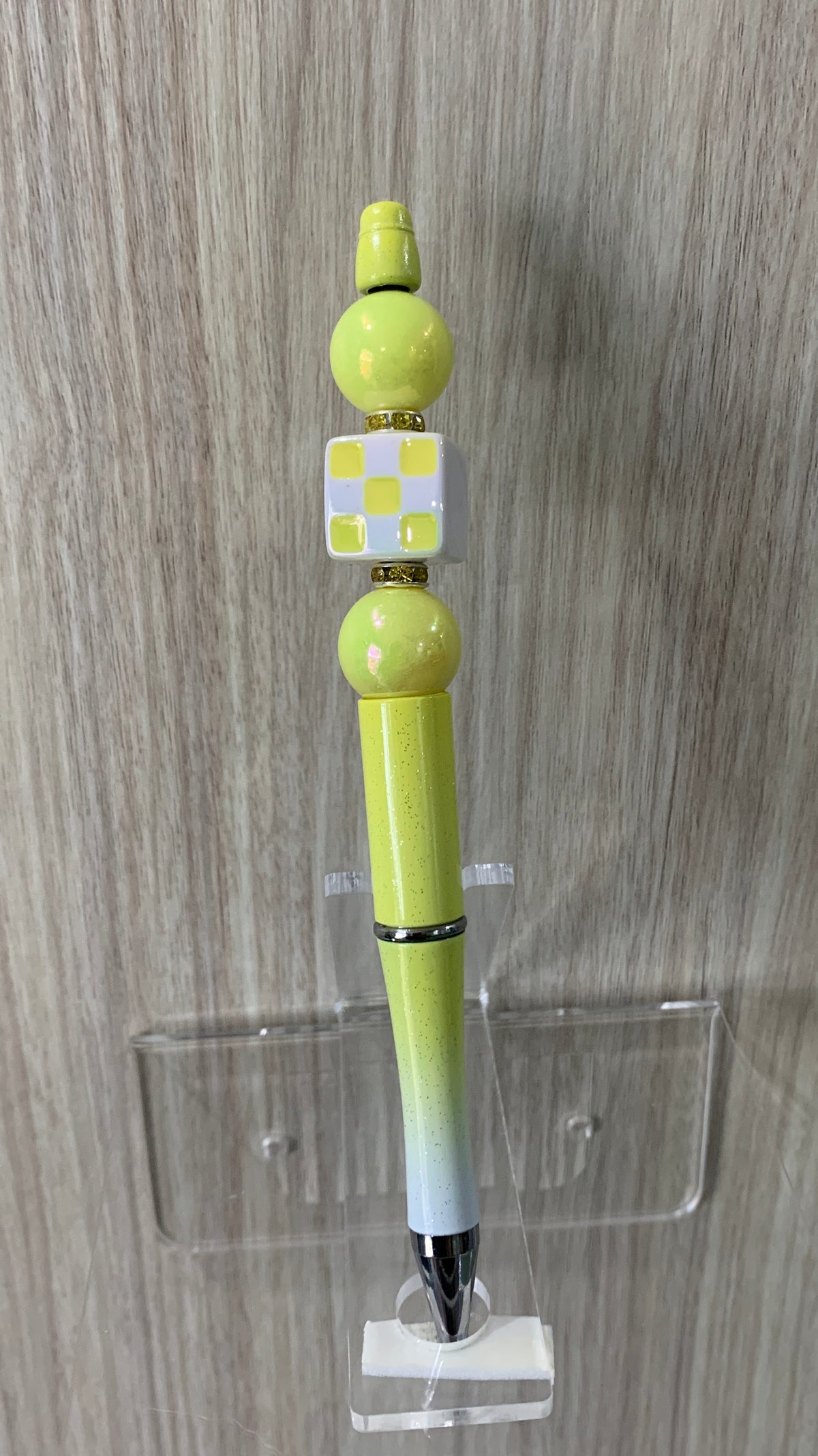 Handmade Checkered & Pearl Beaded Pen - Lemon Yellow & White