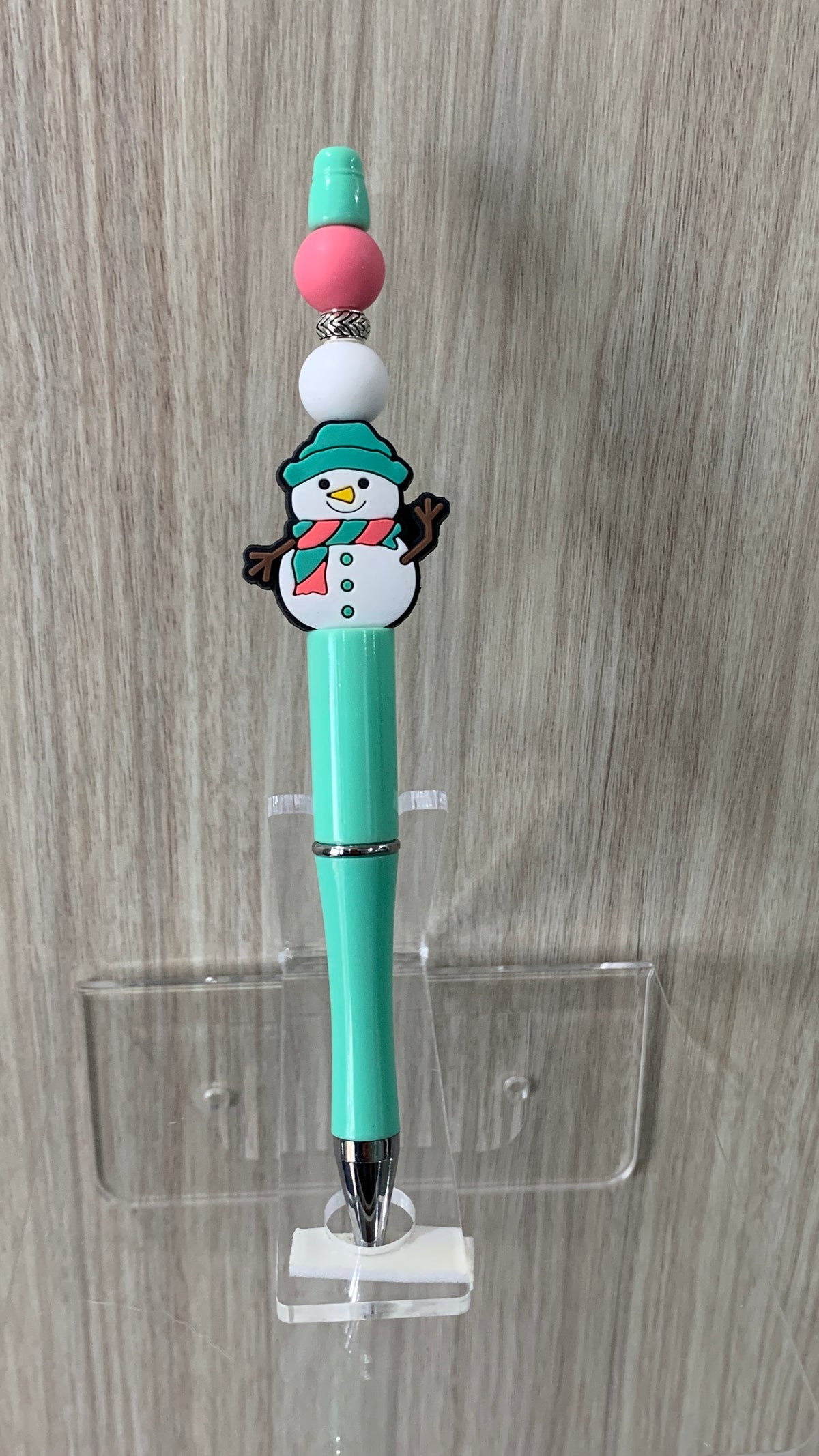Handmade Christmas Snowman Beaded Pen - Mint & Pink