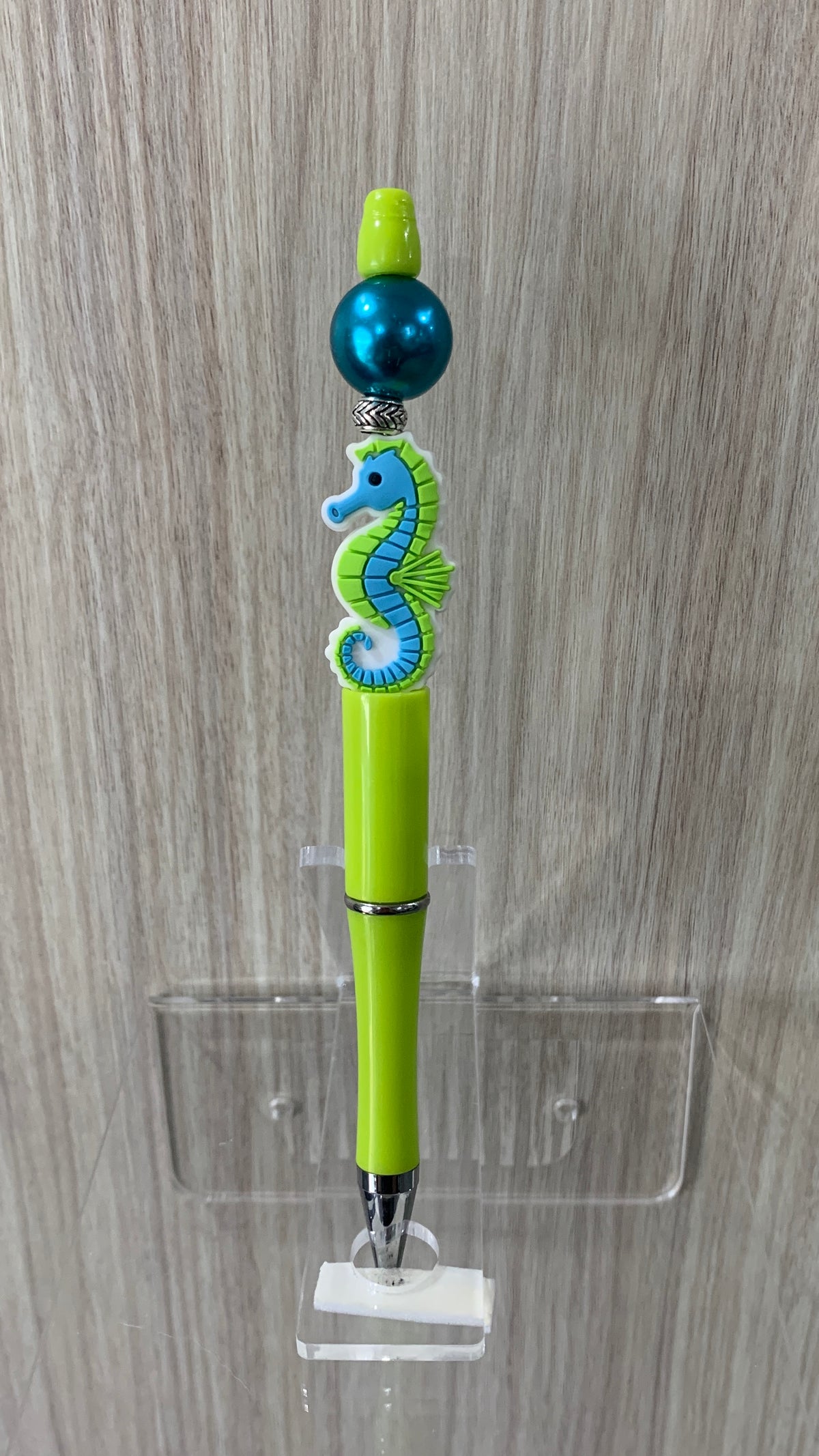 Handmade Seahorse & Pearl Beaded Pen - Lime Green & Teal