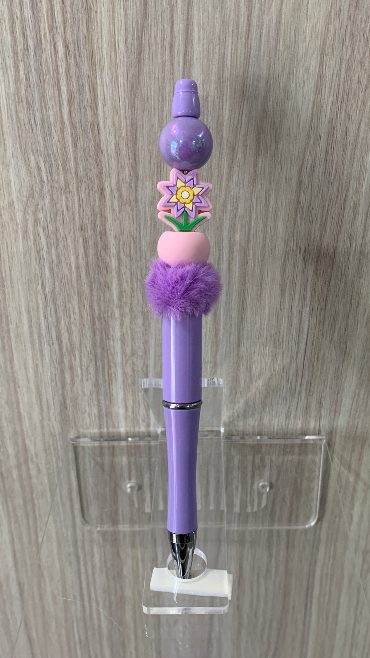 Handmade Sunflower & Pom Pom Beaded Pen - Lavender & Purple