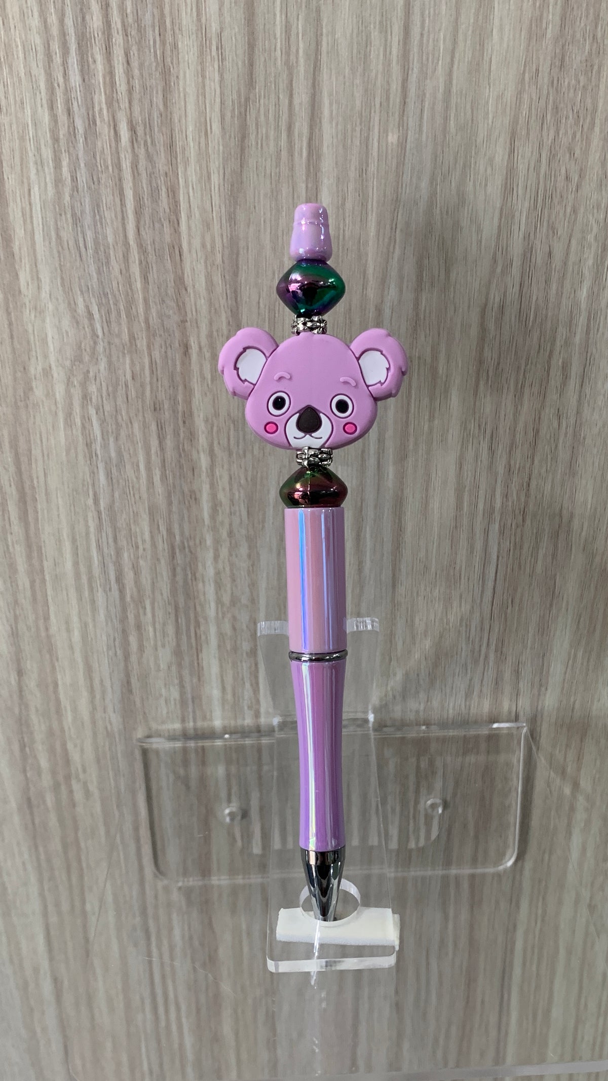 Handmade Kawaii Koala Face Beaded Pen - Pink & Iridescent Green
