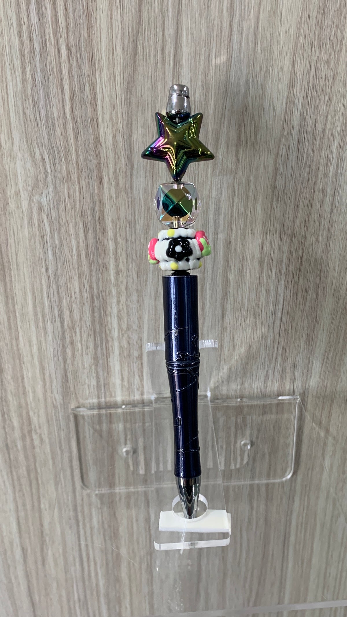 Handmade Santa Star & Aurora Beaded Pen - Dark Navy Marble