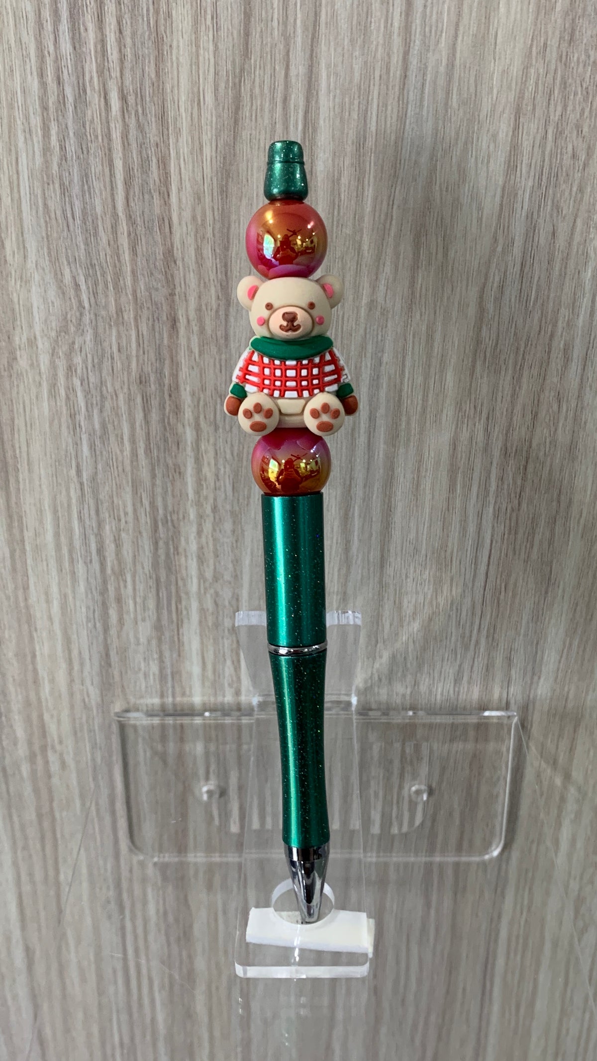 Handmade Christmas Teddy Bear & Bauble Beaded Pen - Emerald Green