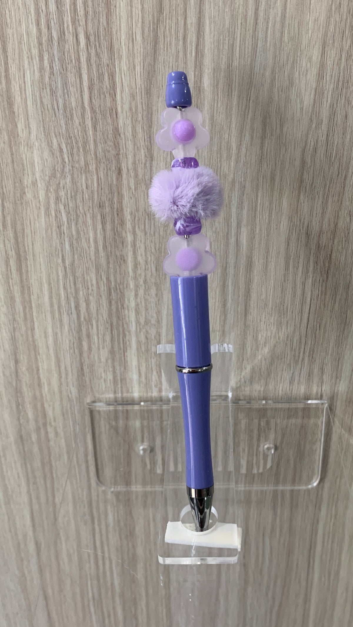 Handmade Flower & Pom Pom Beaded Pen - Purple & White