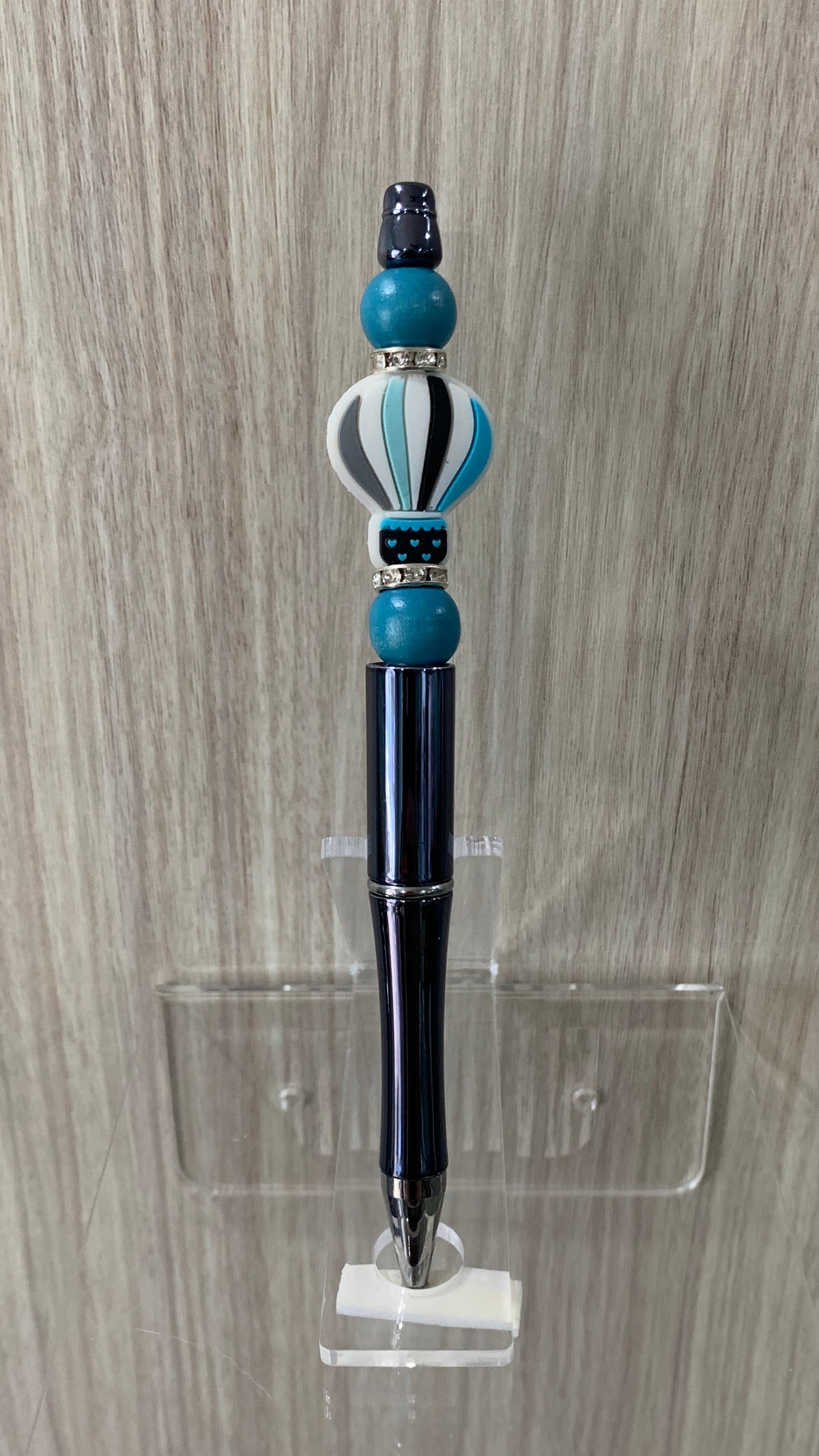 Handmade Hot Air Balloon & Heart Beaded Pen - Teal & Chrome
