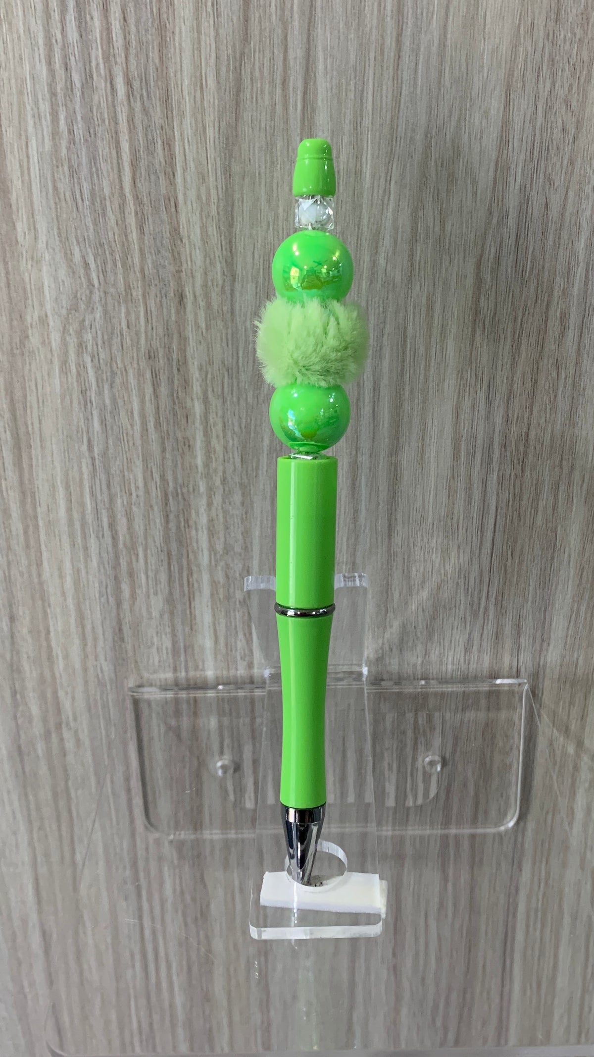 Handmade Iridescent Pearl & Pom Pom Beaded Pen - Lime Green