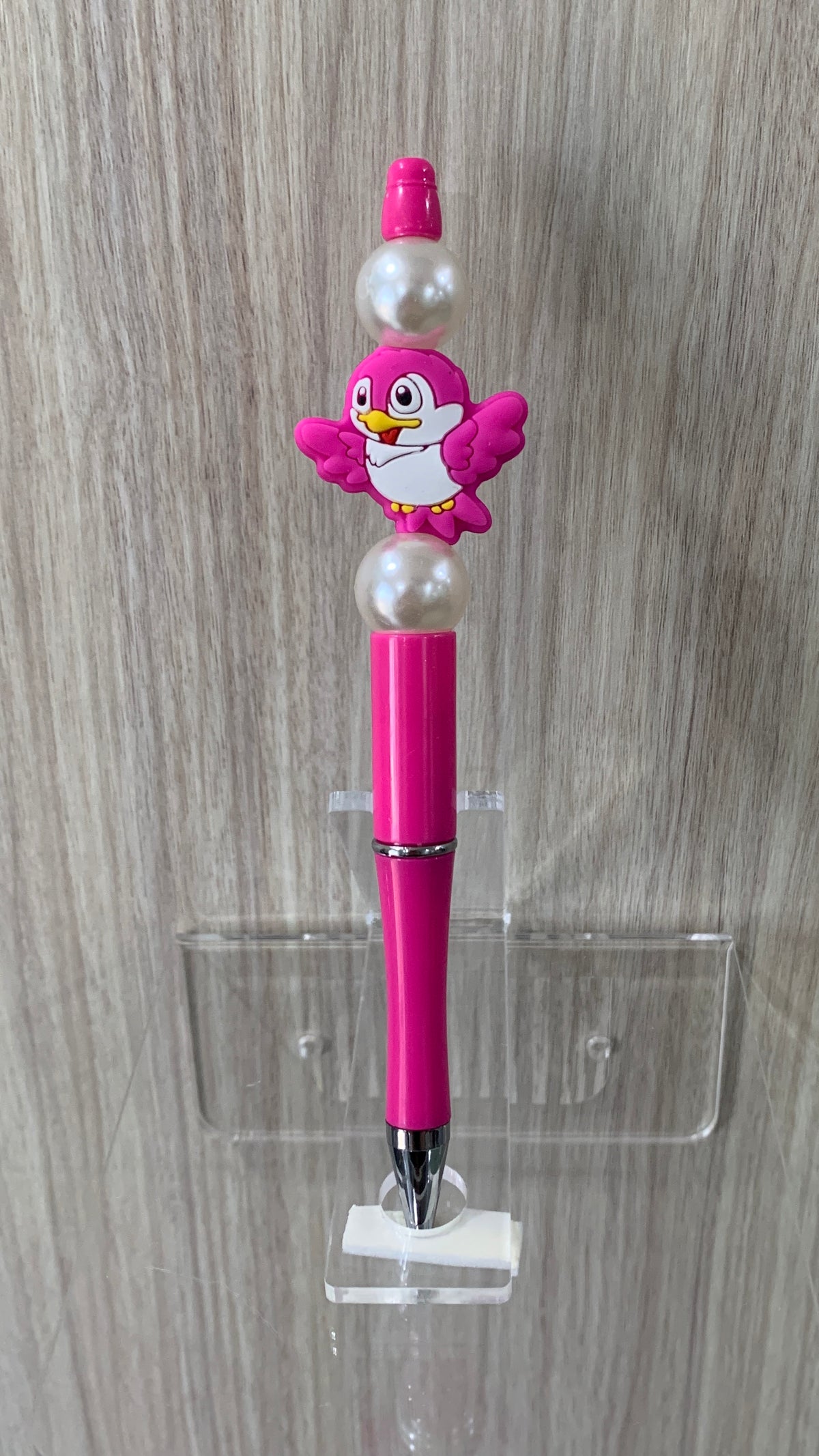 Handmade Kawaii Penguin & Pearl Beaded Pen - Hot Pink