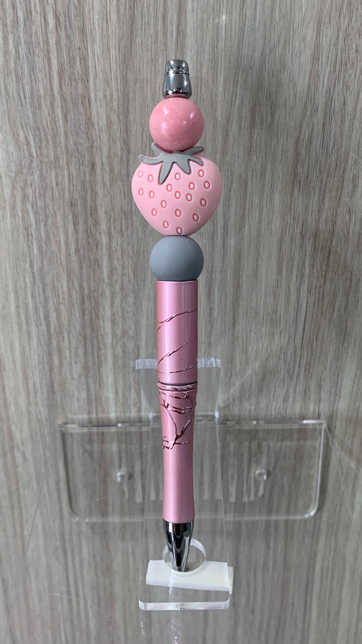 Handmade Kawaii Strawberry Beaded Pen - Soft Pink & Grey