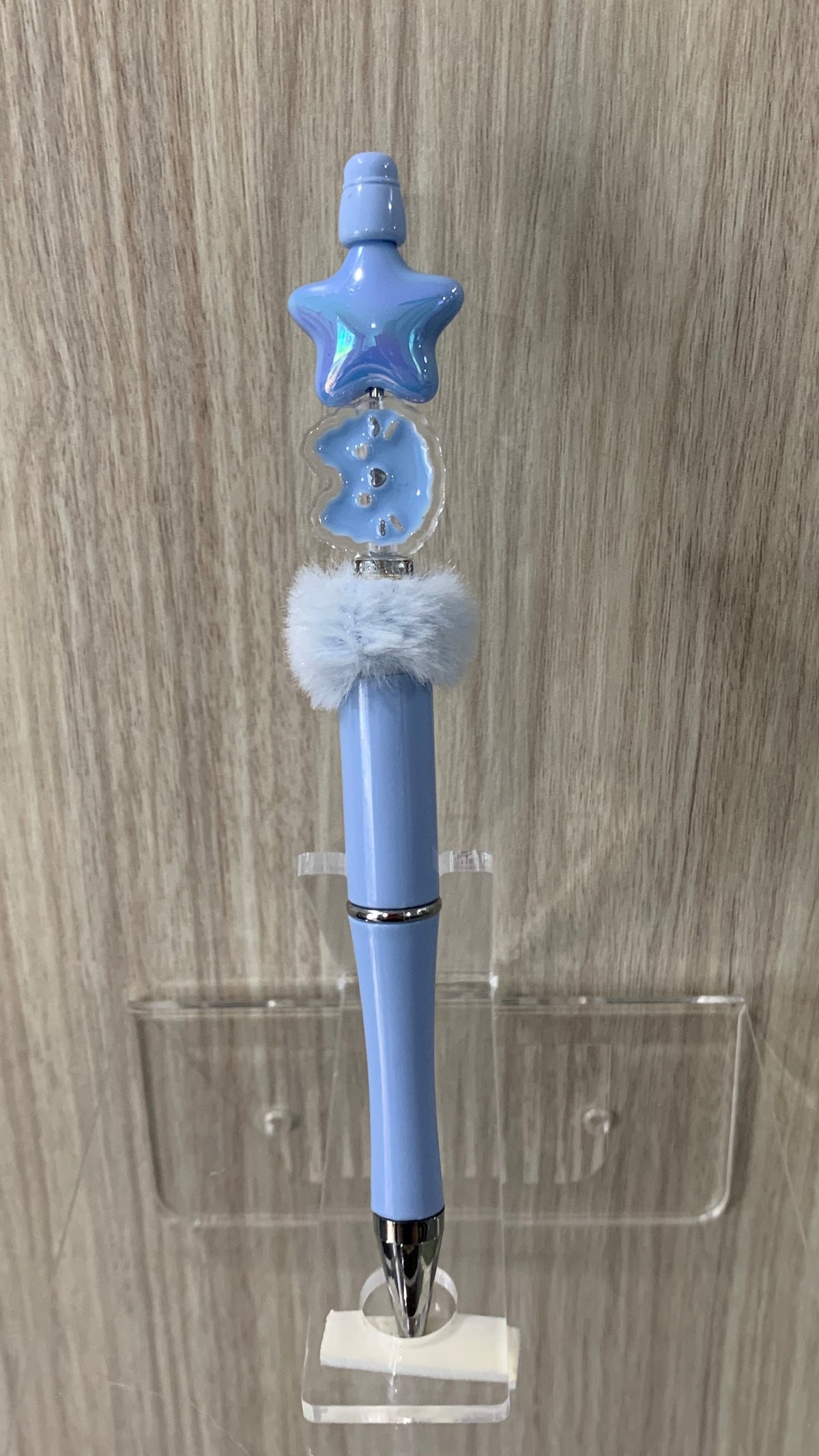 Handmade Star & Cloud Pom Pom Beaded Pen - Powder Blue