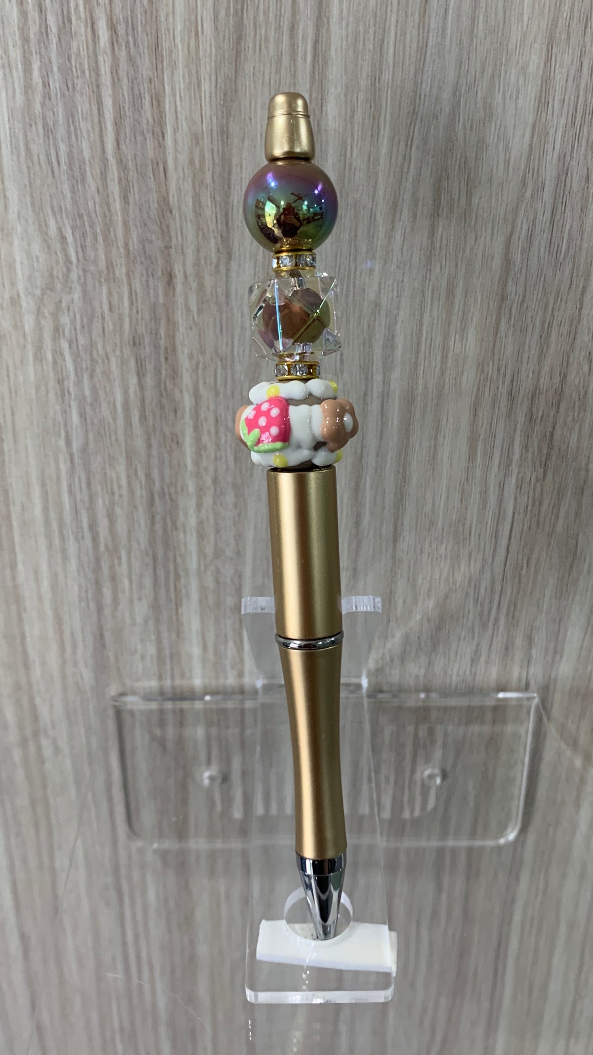 Handmade Rainbow Hematite & Millefiori Beaded Pen - Matte Gold