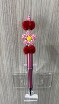 Handmade Checkerboard Daisy & Pom Pom Beaded Pen - Dusty Rose & Burgundy