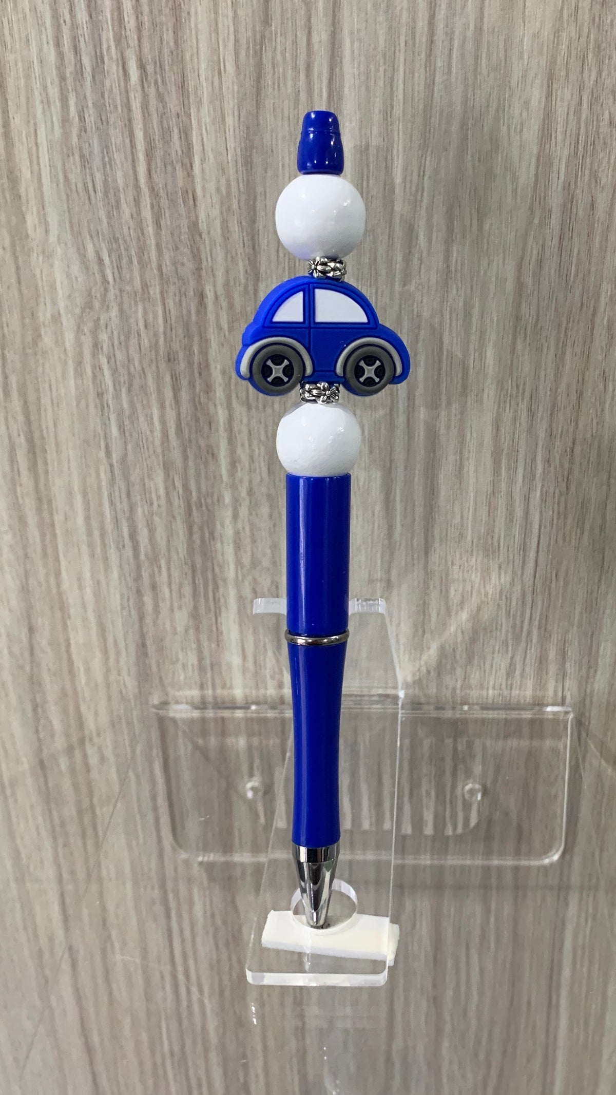 Handmade Car Charm Beaded Pen - Royal Blue & White