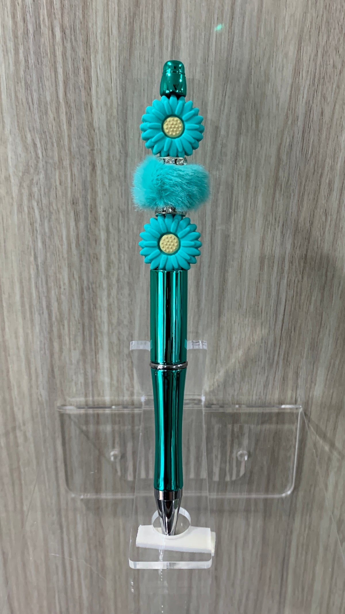 Handmade Daisy & Pom Pom Beaded Pen - Teal