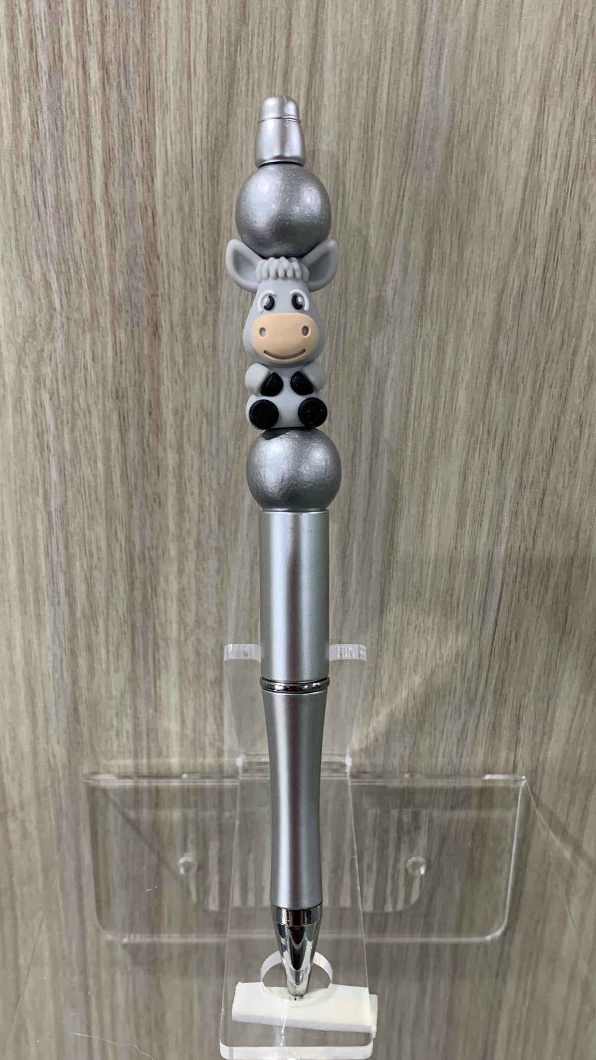Handmade Kawaii Cow Beaded Pen - Silver & Grey