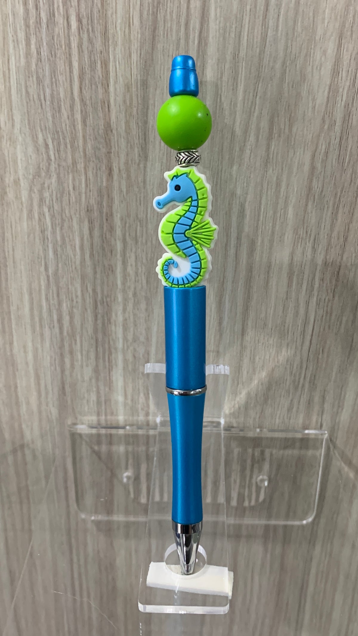 Handmade Seahorse Beaded Pen - Sky Blue & Lime Green
