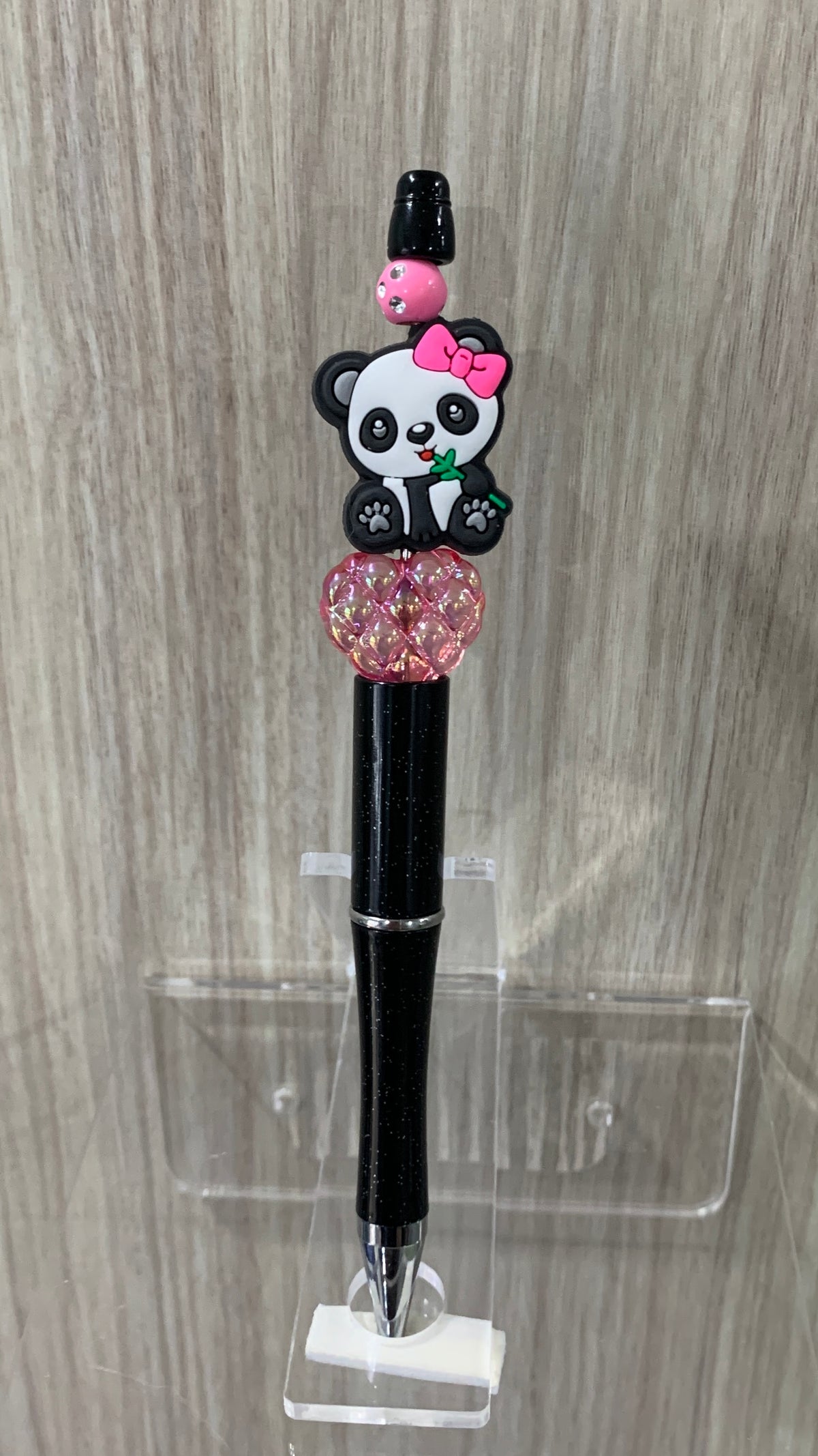 Handmade Kawaii Panda & Quilted Bead Pen - Black Glitter & Pink
