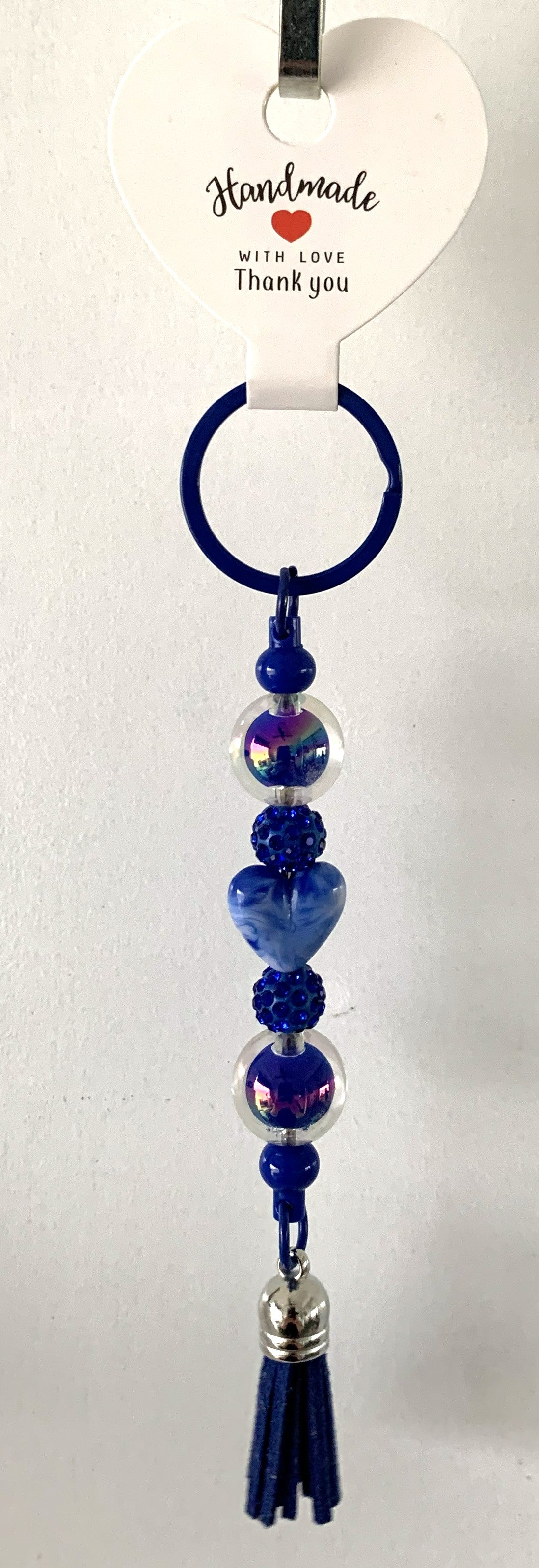 Blue Heart Iridescent Disco Beaded Tassel Keychain