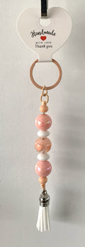 Pink Ceramic Bead White Tassel Keychain