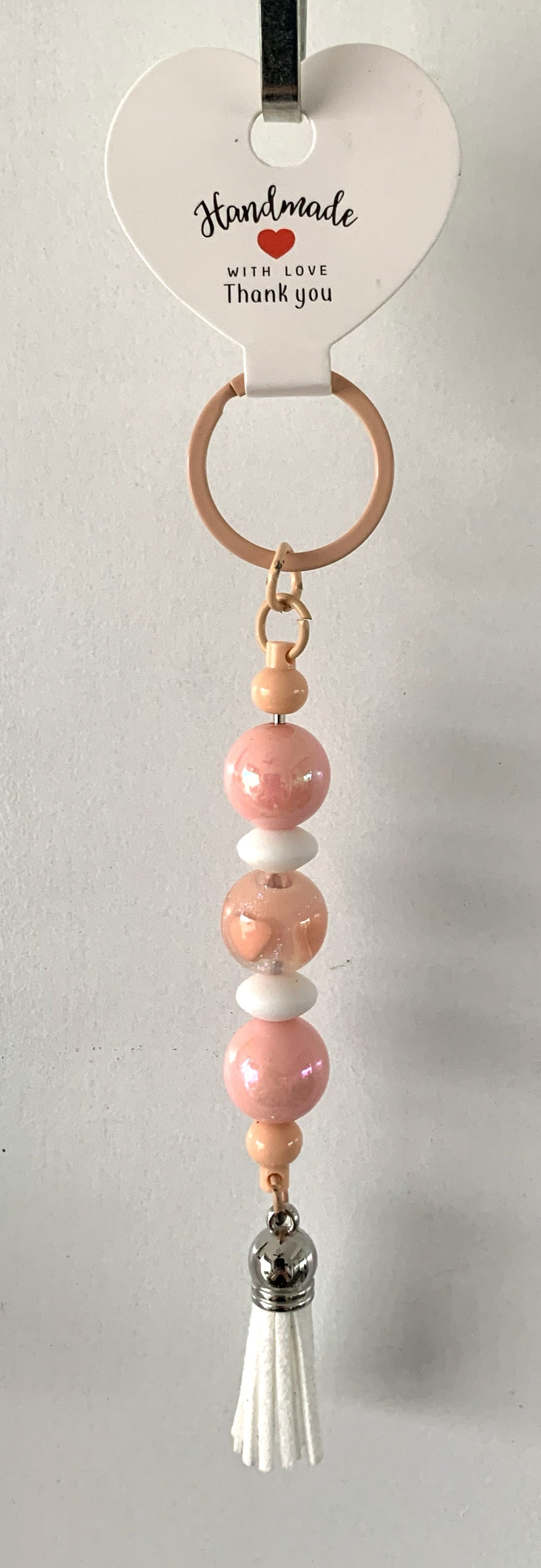 Pink Ceramic Bead White Tassel Keychain