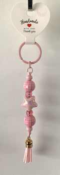 Pink Star Disco Ball Rhinestone Beaded Tassel Keychain
