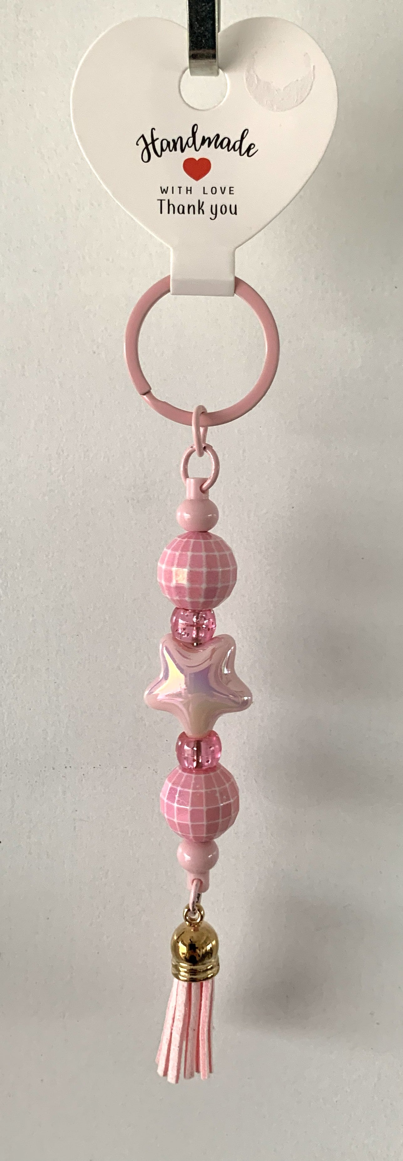 Pink Star Disco Ball Rhinestone Beaded Tassel Keychain