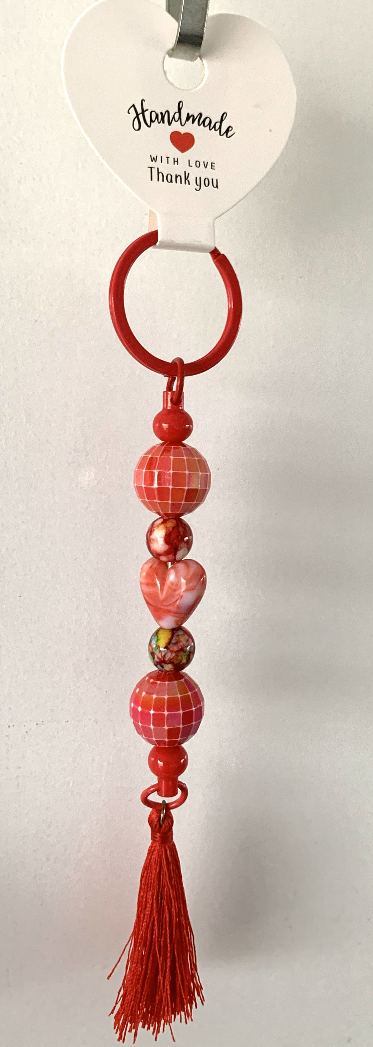 Red Floral Heart Checker Disco Beaded Tassel Keychain