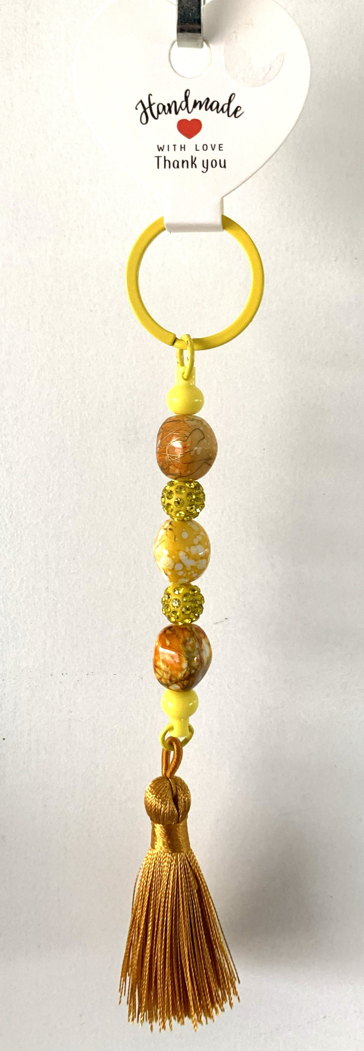 Yellow Gold Agate Rhinestone Beaded Tassel Keychain