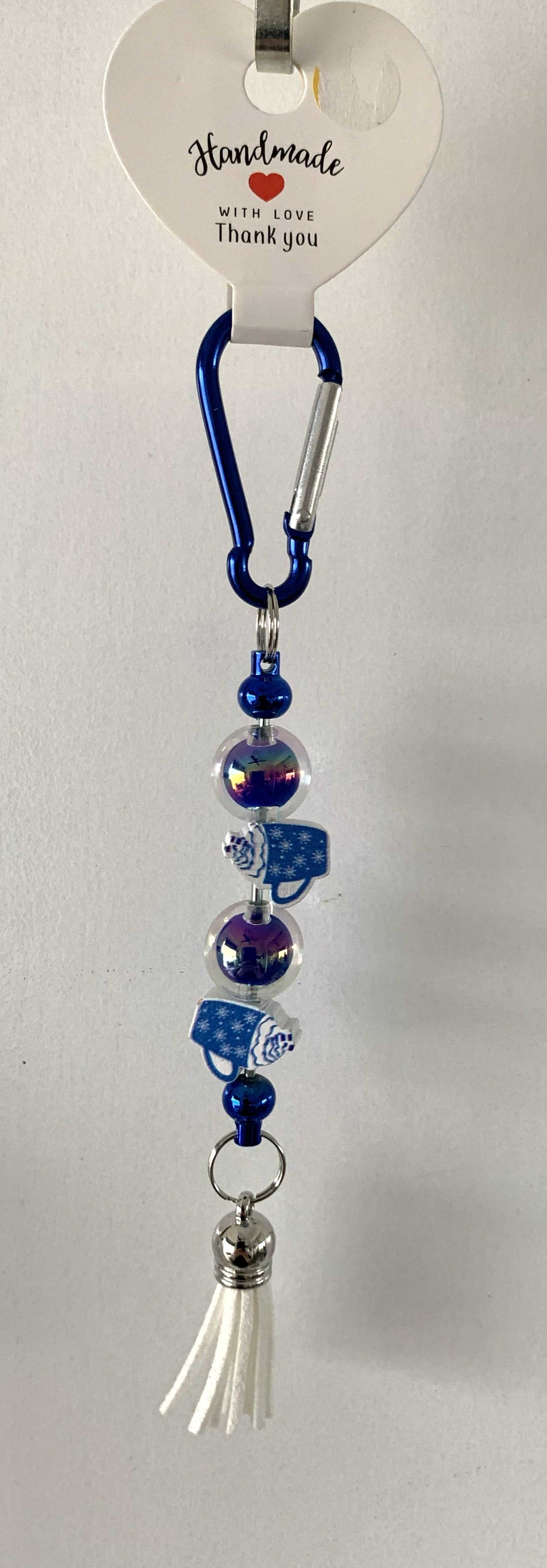 Blue Teacup Iridescent Carabiner Beaded Tassel Keychain