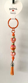 Orange Pink Marble Heart Gold Beaded Tassel Keychain