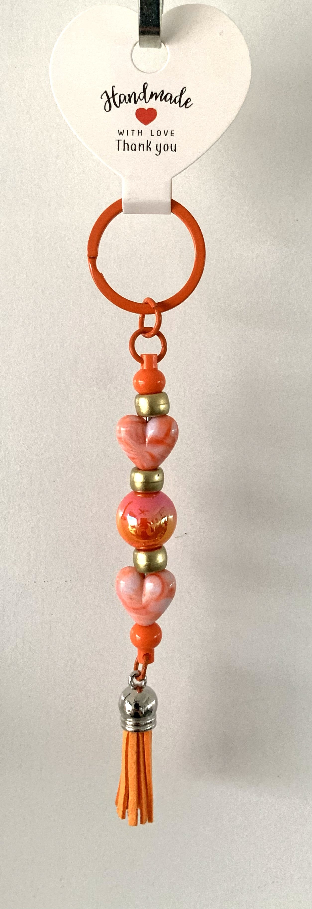 Orange Pink Marble Heart Gold Beaded Tassel Keychain