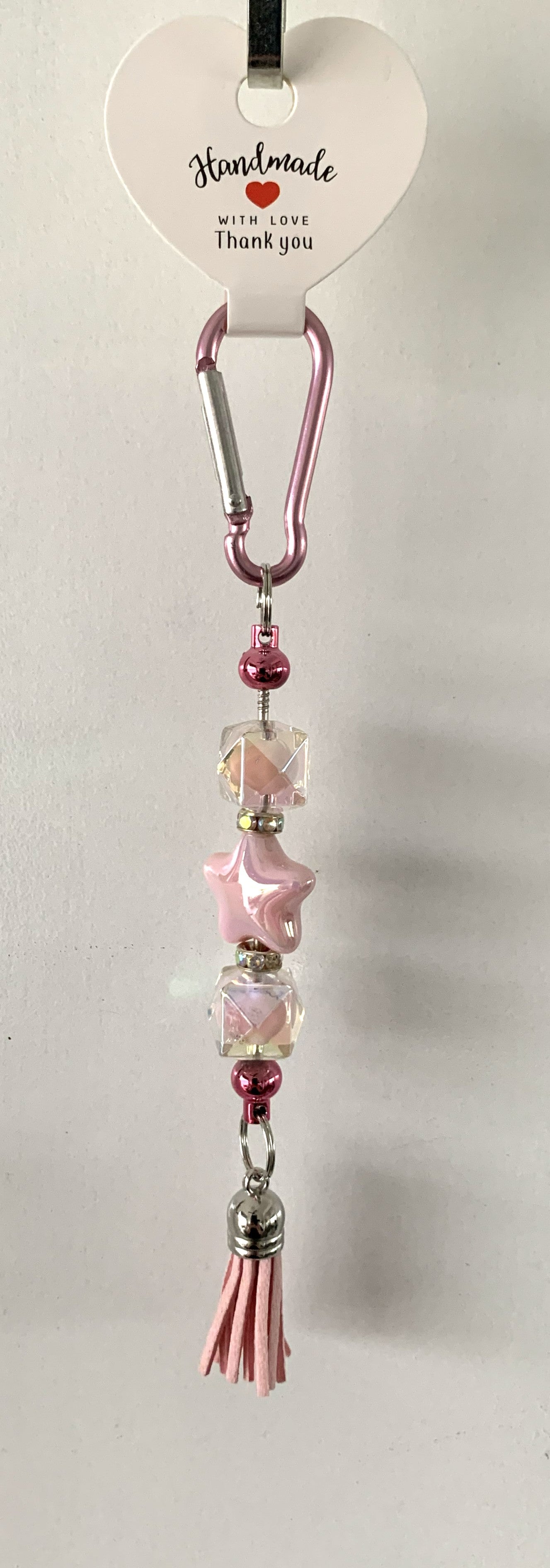 Pink Star Crystal Cube Carabiner Beaded Tassel Keychain