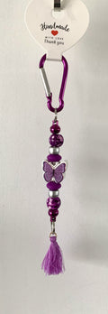 Purple Butterfly Silver Pearl Carabiner Tassel Keychain