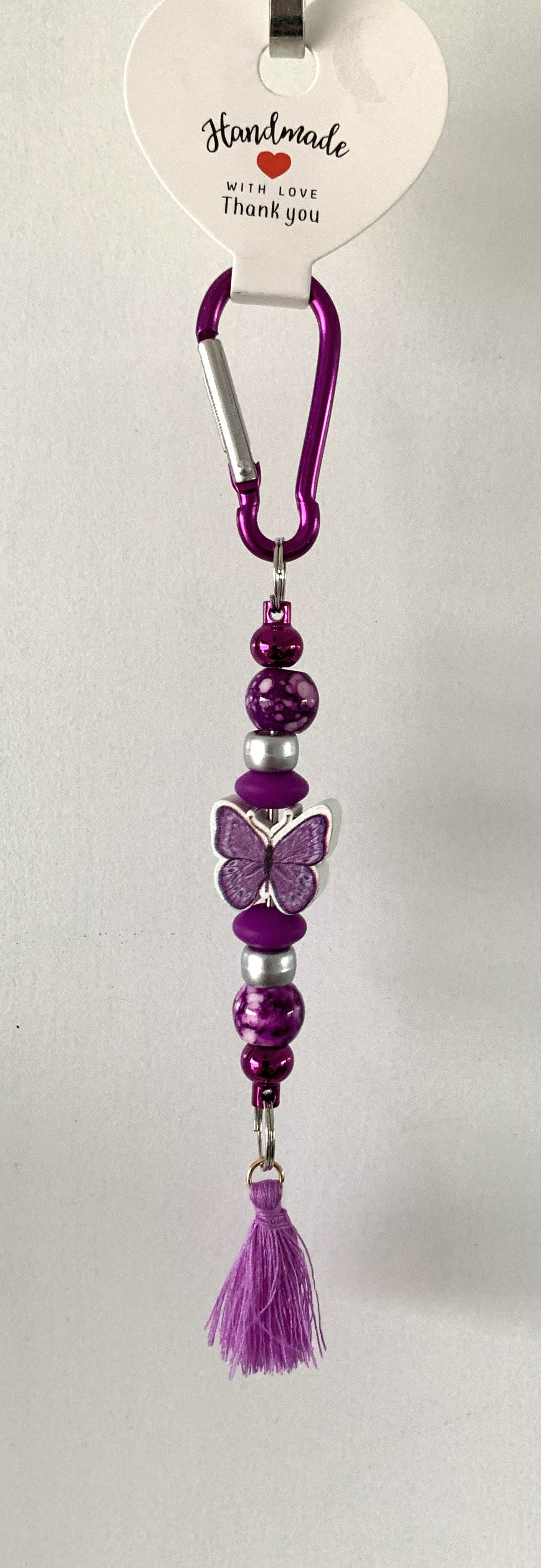 Purple Butterfly Silver Pearl Carabiner Tassel Keychain