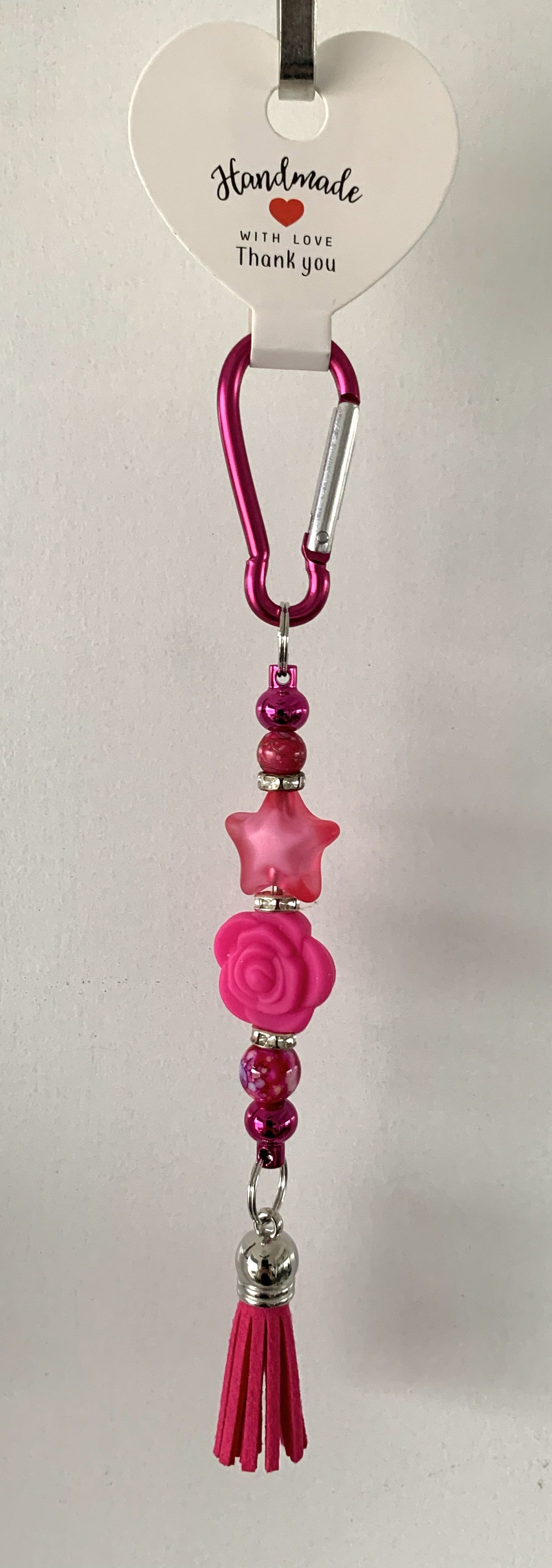 Hot Pink Rose Star Carabiner Beaded Tassel Keychain