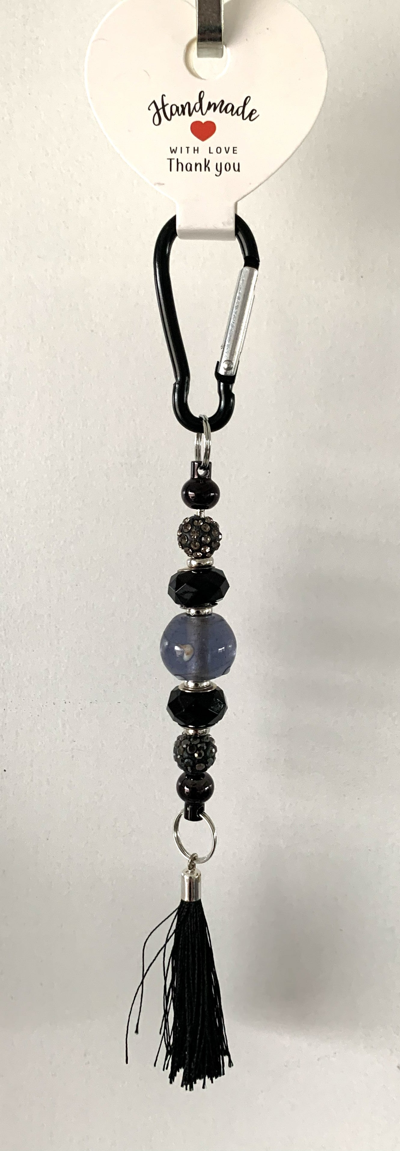 Black Grey Moonstone Rhinestone Carabiner Tassel Keychain