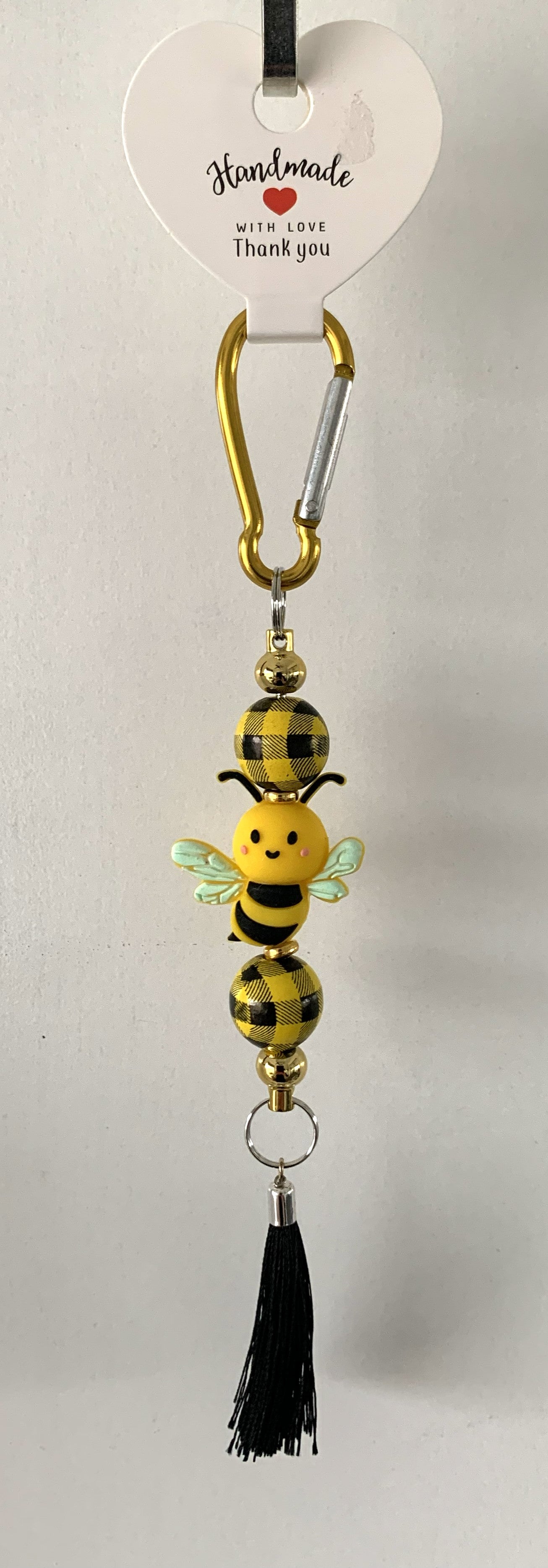 Kawaii Bumble Bee Buffalo Check Carabiner Tassel Keychain